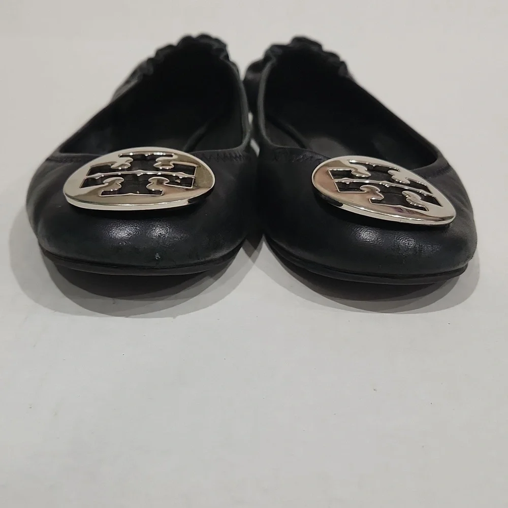 Tory Burch Black Flats With Silver Logo Size 9.5